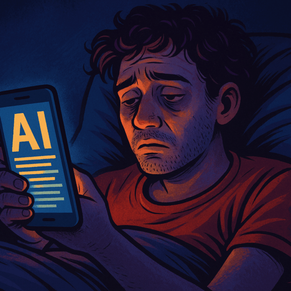 A tired man lying in bed at night, illuminated by the blue glow of his smartphone screen, scrolling endlessly with weary eyes and dark circles, symbolising addiction to AI-powered apps.