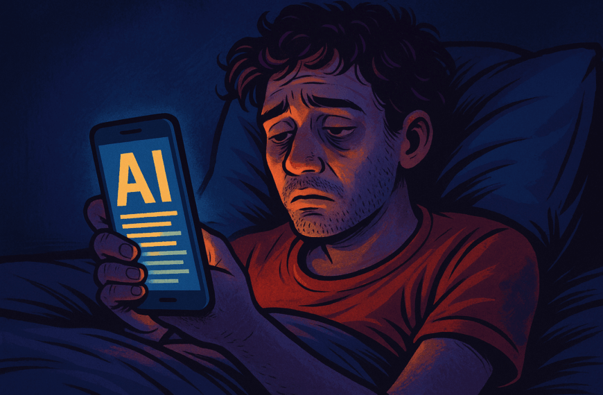 A tired man lying in bed at night, illuminated by the blue glow of his smartphone screen, scrolling endlessly with weary eyes and dark circles, symbolising addiction to AI-powered apps.