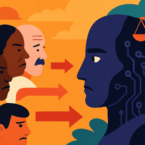 A vibrant digital illustration showing bias in AI. On the left, diverse human faces send red arrows into a central robotic head, representing an AI system. On the right, a tilted set of scales above the AI symbolises biased outcomes. The background is warm orange with abstract shapes and foliage.
