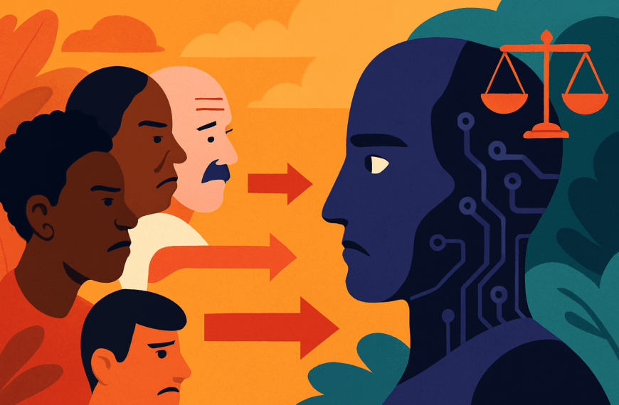 A vibrant digital illustration showing bias in AI. On the left, diverse human faces send red arrows into a central robotic head, representing an AI system. On the right, a tilted set of scales above the AI symbolises biased outcomes. The background is warm orange with abstract shapes and foliage.