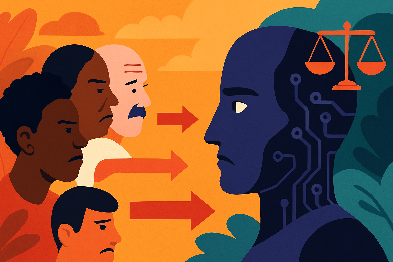 A vibrant digital illustration showing bias in AI. On the left, diverse human faces send red arrows into a central robotic head, representing an AI system. On the right, a tilted set of scales above the AI symbolises biased outcomes. The background is warm orange with abstract shapes and foliage.