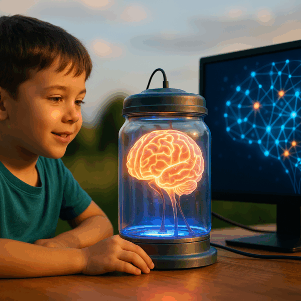 A young boy sits at a wooden table outdoors, smiling as he looks at a glowing brain suspended inside a futuristic glass jar. Next to the jar, a computer monitor displays a digital neural network in bright blue and orange, representing the AI’s thoughts. The scene is warmly lit by the setting sun, blending nature with futuristic technology.