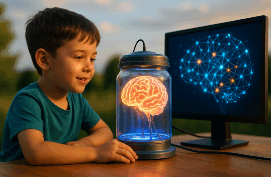 A young boy sits at a wooden table outdoors, smiling as he looks at a glowing brain suspended inside a futuristic glass jar. Next to the jar, a computer monitor displays a digital neural network in bright blue and orange, representing the AI’s thoughts. The scene is warmly lit by the setting sun, blending nature with futuristic technology.