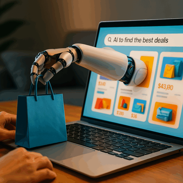 A robotic hand extends from a laptop screen, handing a blue shopping bag to a person sitting at a desk, symbolising AI-assisted online shopping.