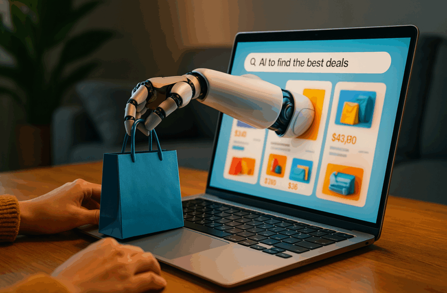 A robotic hand extends from a laptop screen, handing a blue shopping bag to a person sitting at a desk, symbolising AI-assisted online shopping.