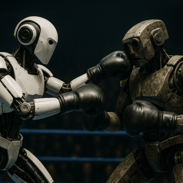Two humanoid robots boxing in a professional ring. A sleek white robot delivers a punch to a rugged, industrial-looking robot, whose head recoils from the impact. Both wear black boxing gloves, under dramatic lighting with a blurred audience in the background.