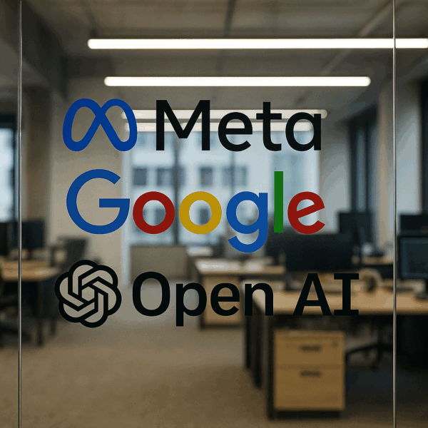 A glass wall inside a modern office displays the logos of Meta, Google, and OpenAI in bold colours and black text. Behind the glass, the office features workstations with computers, chairs, and natural light streaming through large windows, creating a professional, collaborative atmosphere.