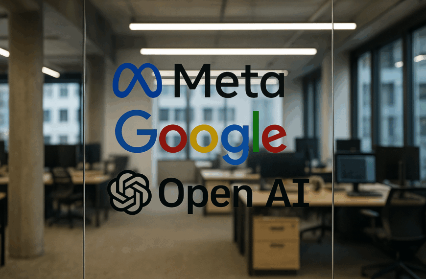 A glass wall inside a modern office displays the logos of Meta, Google, and OpenAI in bold colours and black text. Behind the glass, the office features workstations with computers, chairs, and natural light streaming through large windows, creating a professional, collaborative atmosphere.