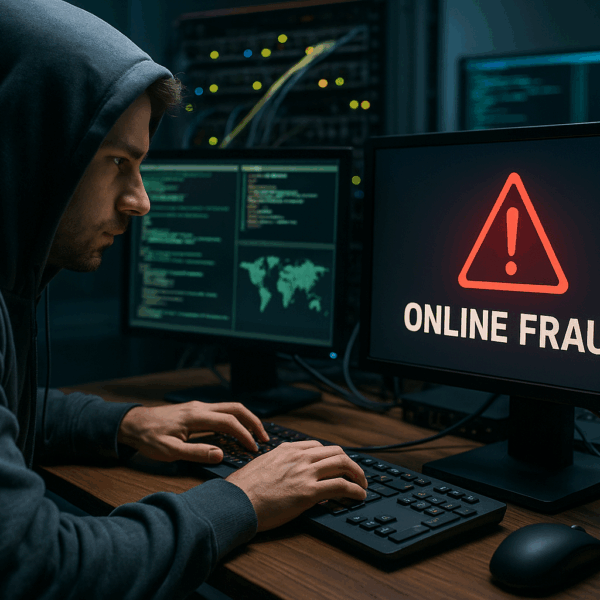 A man in a hoodie sits at a desk in a dark room, typing on a keyboard while surrounded by multiple computer monitors. One screen shows warning graphics and the words ‘Online Fraud’, while others display maps and lines of code. Network servers with glowing lights are visible in the background, creating a serious, news-like atmosphere.