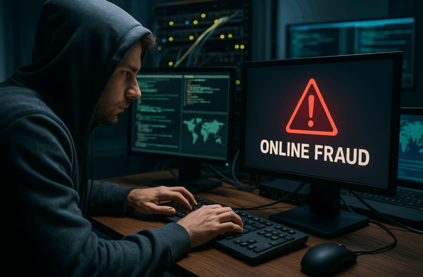 A man in a hoodie sits at a desk in a dark room, typing on a keyboard while surrounded by multiple computer monitors. One screen shows warning graphics and the words ‘Online Fraud’, while others display maps and lines of code. Network servers with glowing lights are visible in the background, creating a serious, news-like atmosphere.