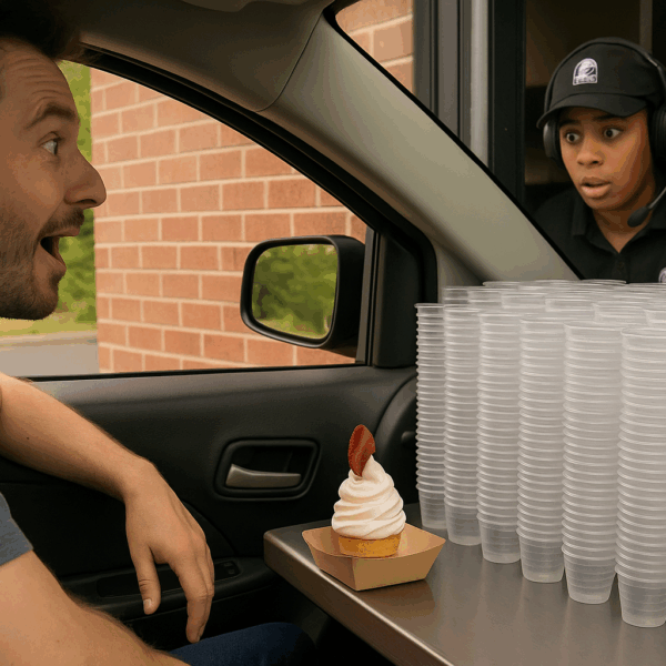 A man in a car at a drive-through laughs as he’s handed a comically huge stack of plastic water cups. On the counter sits an ice cream cone topped with bacon. The fast-food worker in the window looks wide-eyed and surprised.