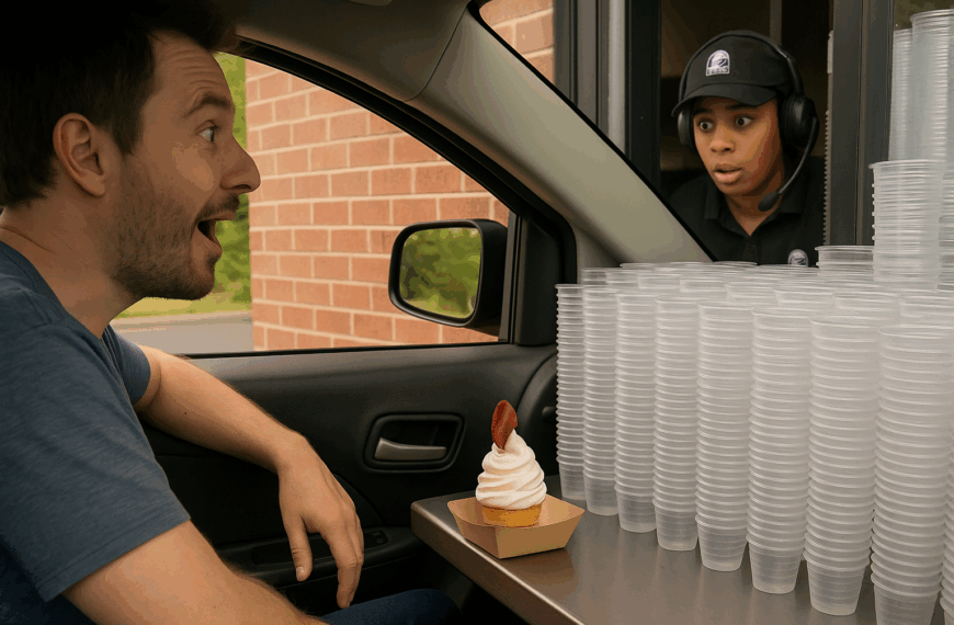 A man in a car at a drive-through laughs as he’s handed a comically huge stack of plastic water cups. On the counter sits an ice cream cone topped with bacon. The fast-food worker in the window looks wide-eyed and surprised.