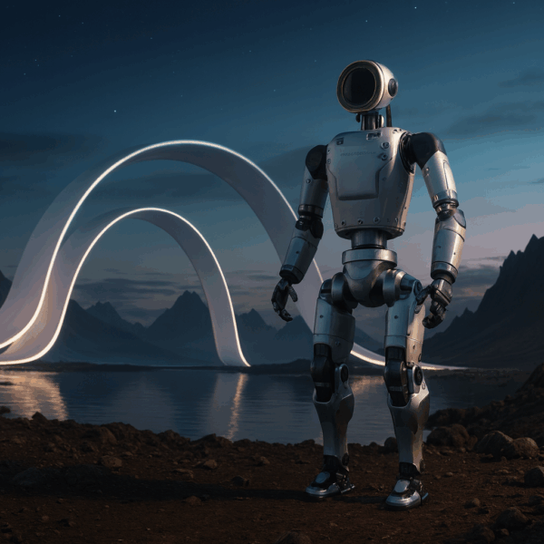 A humanoid robot stands on rocky ground at dusk, facing glowing futuristic arches with mountains and water in the background.