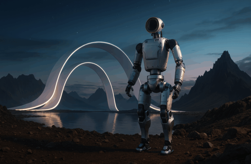 A humanoid robot stands on rocky ground at dusk, facing glowing futuristic arches with mountains and water in the background.