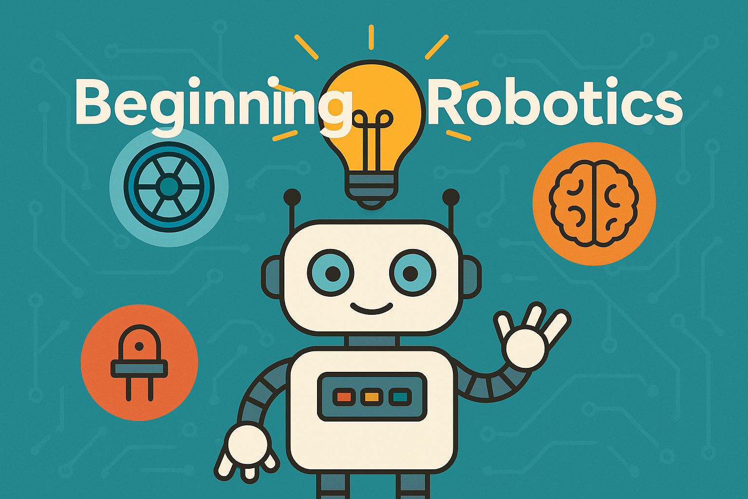 A playful cartoon robot waves with a smile, standing against a teal background with circuit patterns. A glowing yellow lightbulb hovers above its head, surrounded by colorful icons representing robotics concepts: a wheel, a brain, and a sensor. The text “Beginning Robotics” is written across the top.