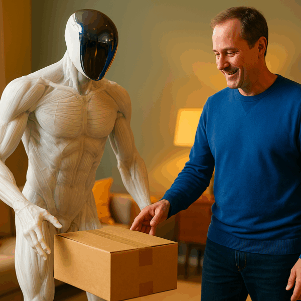 A humanoid robot with a sleek, muscle-like white body and reflective faceplate hands a cardboard box to a smiling man in a blue sweater inside a warmly lit living room with a sofa, cushions, and plants in the background.