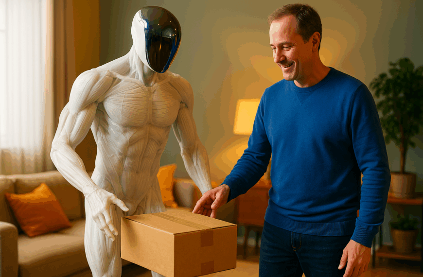 A humanoid robot with a sleek, muscle-like white body and reflective faceplate hands a cardboard box to a smiling man in a blue sweater inside a warmly lit living room with a sofa, cushions, and plants in the background.