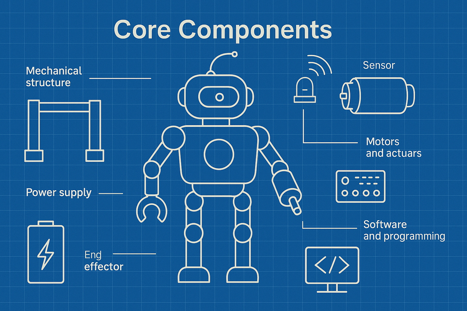 A blueprint-style illustration of a robot with icons representing its core components, titled "Core Components."