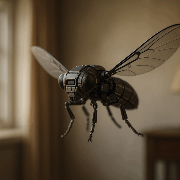 Here’s a concise version under 125 characters: **Alt text:** *A robotic fly with metallic body and translucent wings hovers in a sunlit room near a window and table lamp.* Would you like me to make a few **variations** so you can pick the one that fits best?