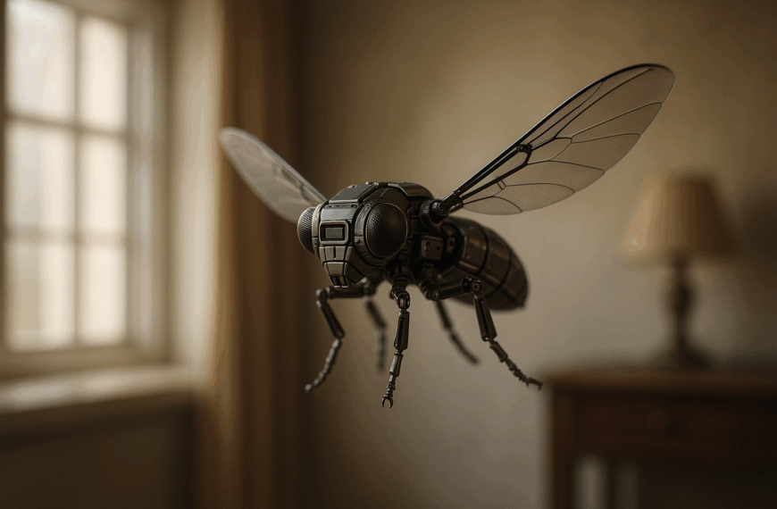 Here’s a concise version under 125 characters: **Alt text:** *A robotic fly with metallic body and translucent wings hovers in a sunlit room near a window and table lamp.* Would you like me to make a few **variations** so you can pick the one that fits best?