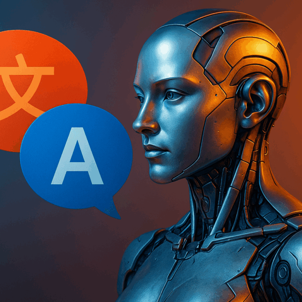 A metallic humanoid robot with glowing highlights faces speech bubbles showing a Chinese character and the letter A, symbolising dual language capability.