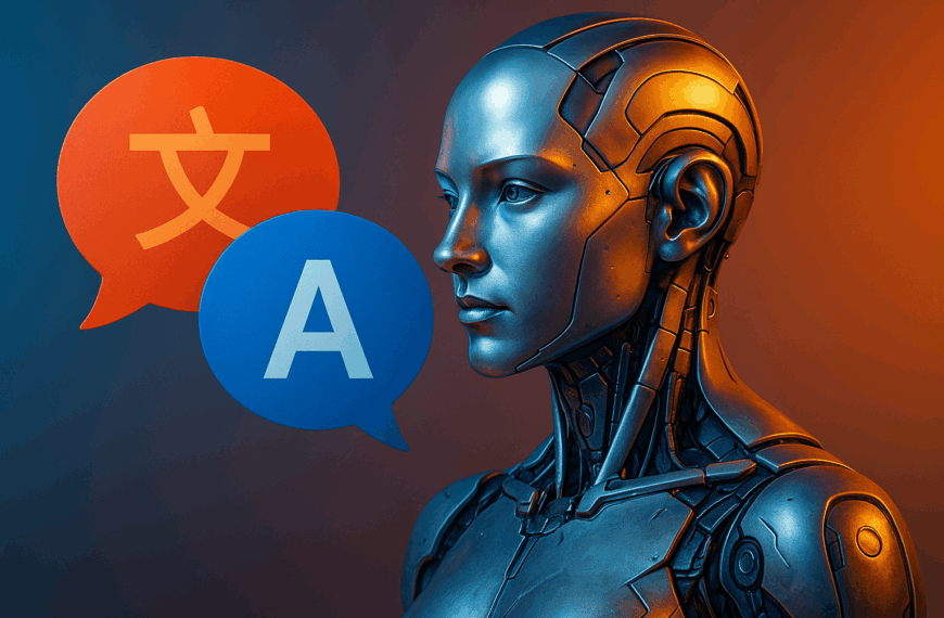 A metallic humanoid robot with glowing highlights faces speech bubbles showing a Chinese character and the letter A, symbolising dual language capability.