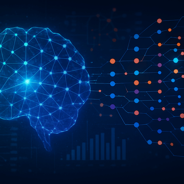A digital illustration of a glowing blue wireframe brain connected to branching data nodes in orange, purple, and blue, symbolising artificial intelligence and data visualisation, with faint charts and graphs in the background.