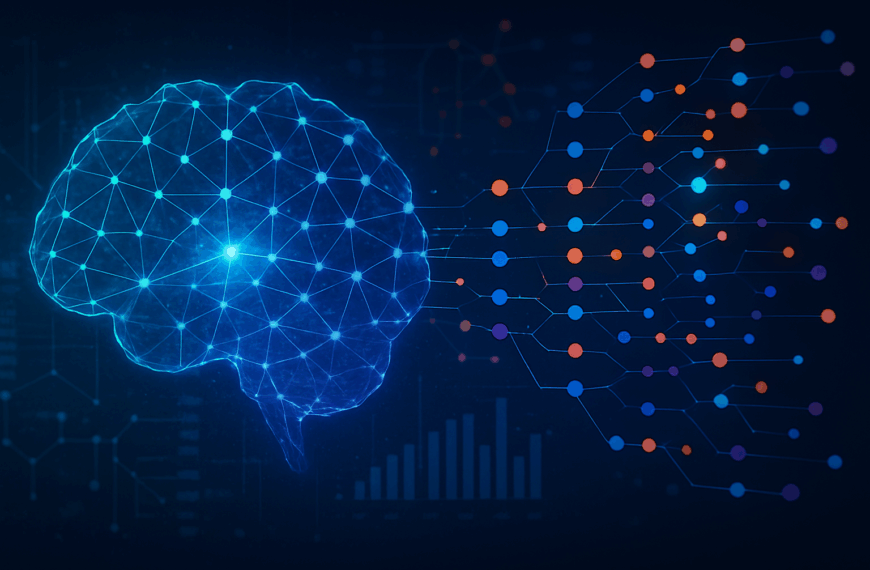 A digital illustration of a glowing blue wireframe brain connected to branching data nodes in orange, purple, and blue, symbolising artificial intelligence and data visualisation, with faint charts and graphs in the background.
