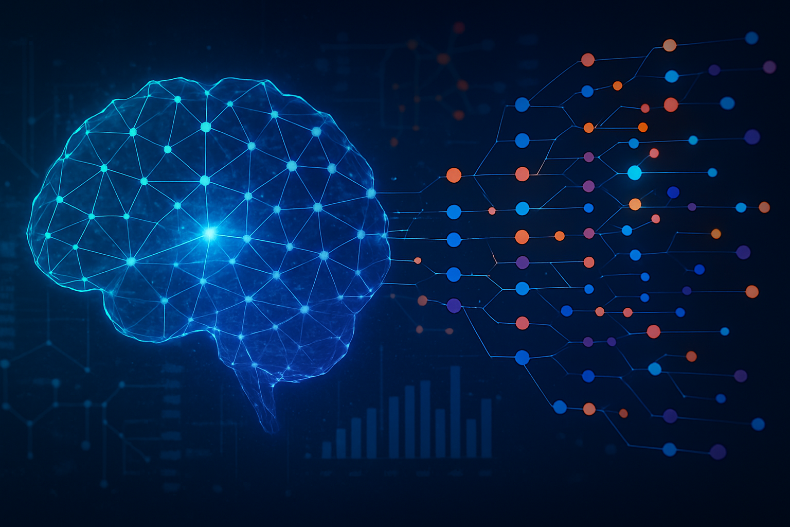 A digital illustration of a glowing blue wireframe brain connected to branching data nodes in orange, purple, and blue, symbolising artificial intelligence and data visualisation, with faint charts and graphs in the background.