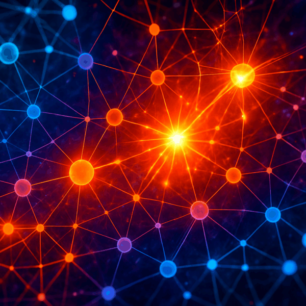 A vibrant digital illustration of a neural network with glowing orange and blue interconnected nodes, symbolising emergent AI behaviour.