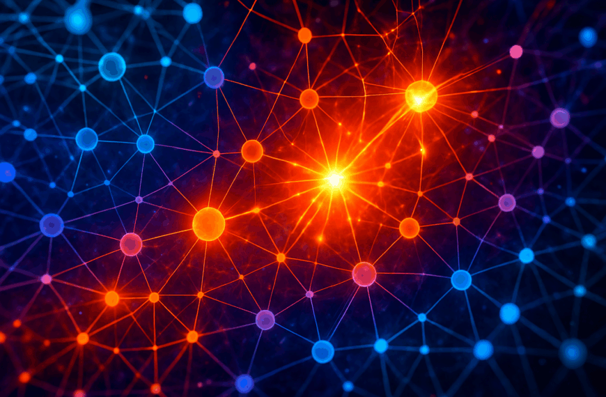 A vibrant digital illustration of a neural network with glowing orange and blue interconnected nodes, symbolising emergent AI behaviour.