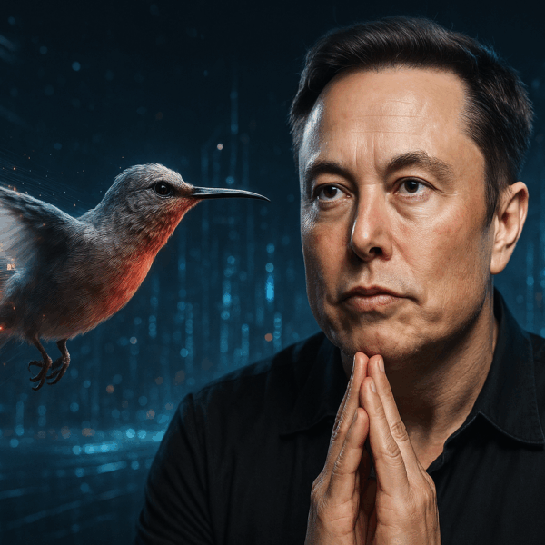 An image showing Elon Musk and some artwork from the xAI website of a bird.