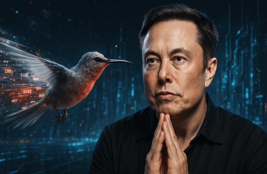 An image showing Elon Musk and some artwork from the xAI website of a bird.