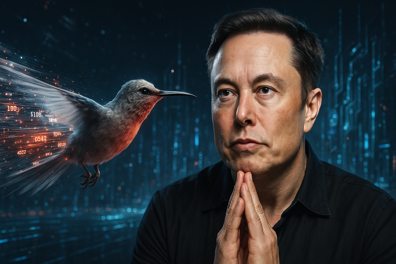 An image showing Elon Musk and some artwork from the xAI website of a bird.