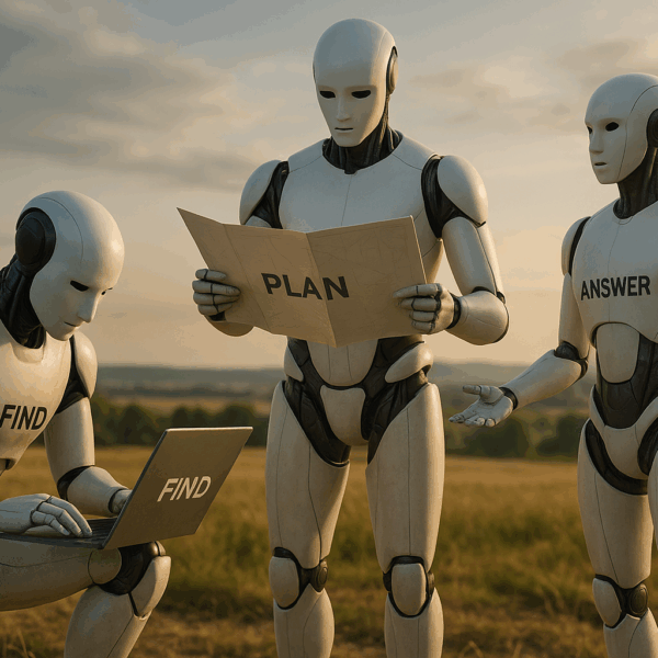 Three humanoid robots collaborate outdoors in a golden countryside landscape at sunset. One robot crouches with a laptop labelled “FIND,” another stands holding a map marked “PLAN,” and a third gestures with “ANSWER” written on its chest. The scene conveys teamwork and coordination between the robots.