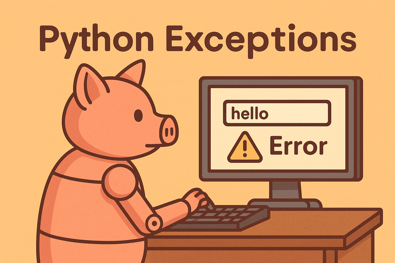 Cartoon robot pig types “hello” into a computer, which displays an error message. Pale orange background with “Python Exceptions” text.