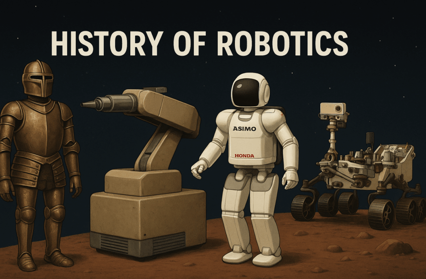 A digital illustration showing the history of robotics with four iconic robots against a dark, starry space-like background. From left to right: Leonardo da Vinci’s mechanical knight in armor, the Unimate industrial robotic arm, Honda’s ASIMO humanoid robot, and NASA’s Mars rover. Above them, bold white text reads “HISTORY OF ROBOTICS.”