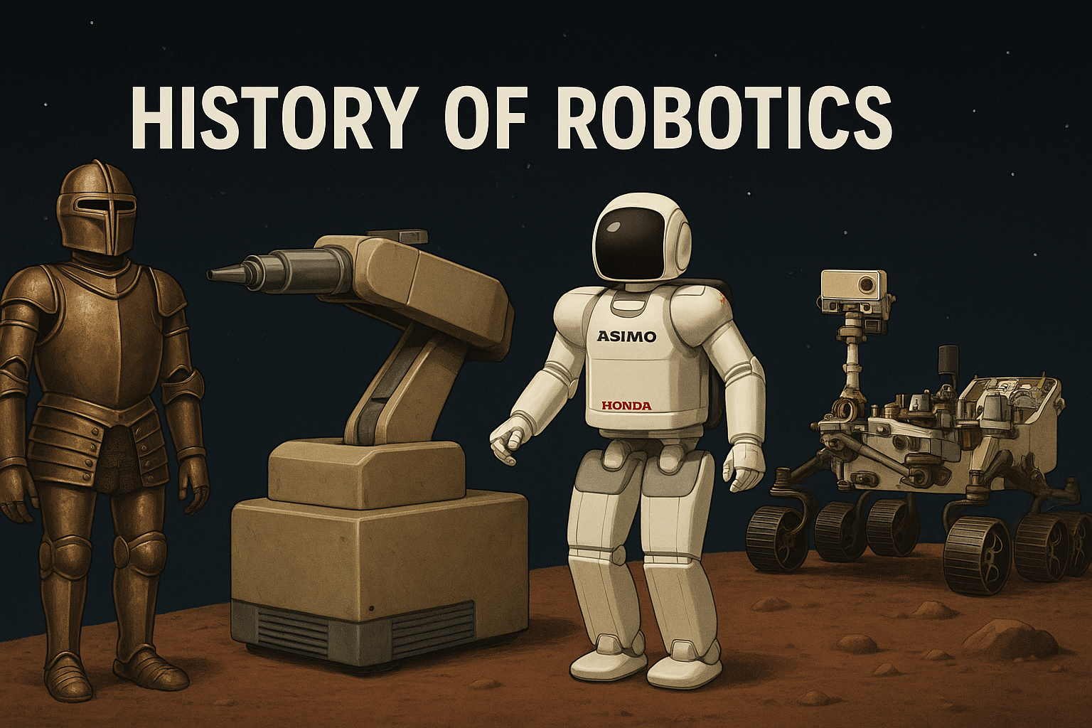 A digital illustration showing the history of robotics with four iconic robots against a dark, starry space-like background. From left to right: Leonardo da Vinci’s mechanical knight in armor, the Unimate industrial robotic arm, Honda’s ASIMO humanoid robot, and NASA’s Mars rover. Above them, bold white text reads “HISTORY OF ROBOTICS.”