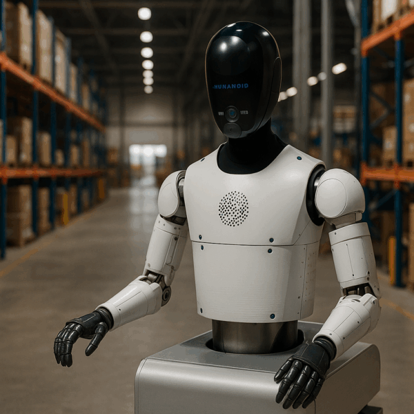 A humanoid robot with a black head and white body operates inside a warehouse filled with shelves of cardboard boxes.