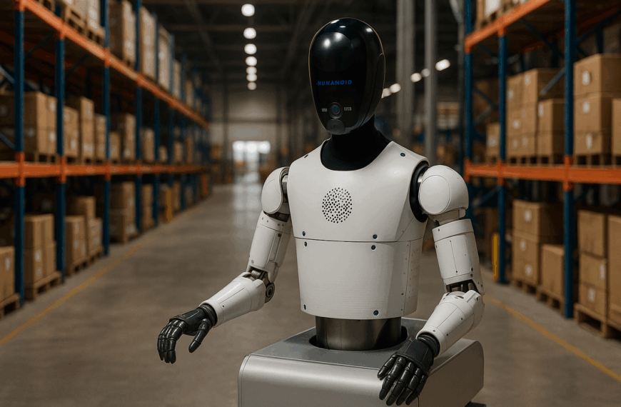 A humanoid robot with a black head and white body operates inside a warehouse filled with shelves of cardboard boxes.