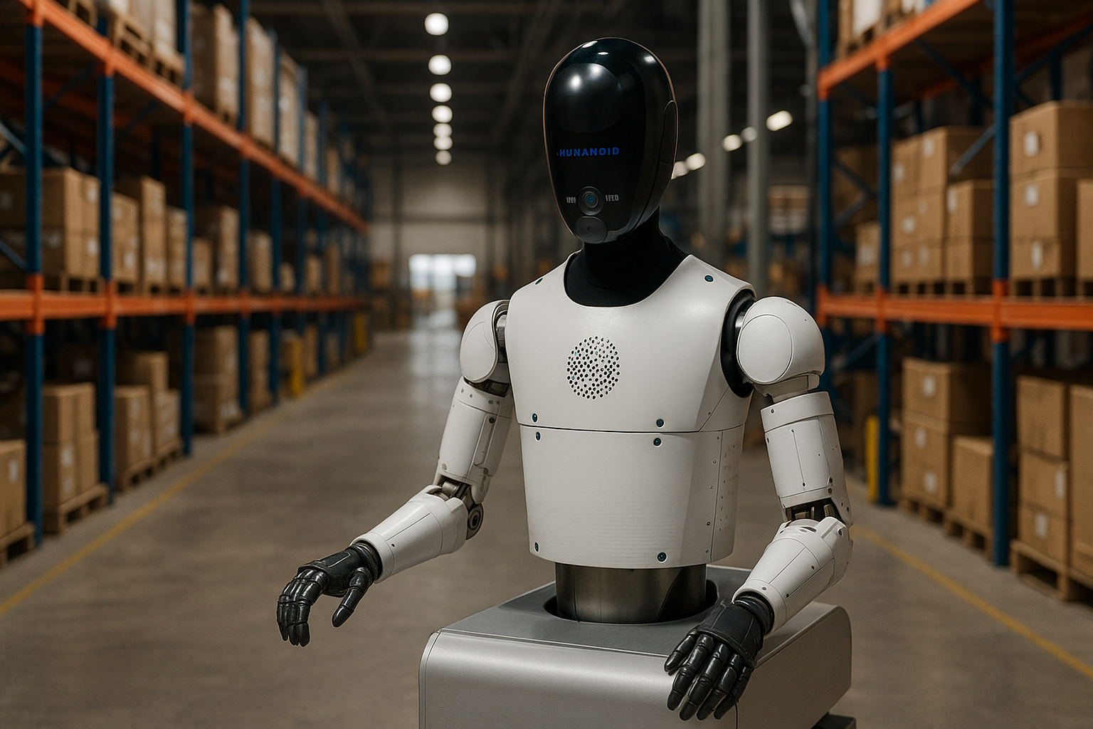 A humanoid robot with a black head and white body operates inside a warehouse filled with shelves of cardboard boxes.