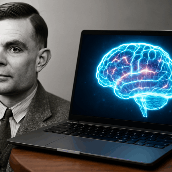 A black-and-white portrait of Alan Turing is shown on the left, juxtaposed with a modern laptop on the right. The laptop screen glows with a vibrant, neon-blue digital brain, symbolising artificial intelligence.