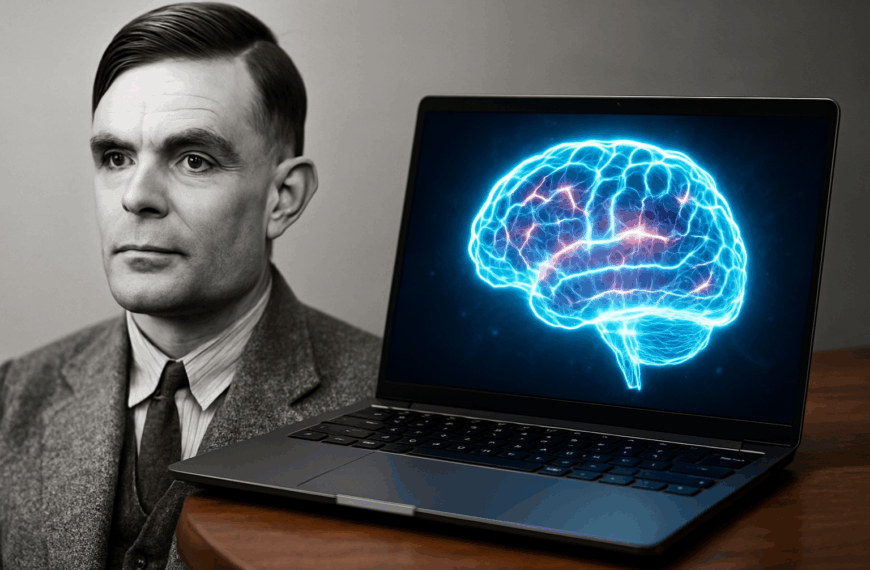 A black-and-white portrait of Alan Turing is shown on the left, juxtaposed with a modern laptop on the right. The laptop screen glows with a vibrant, neon-blue digital brain, symbolising artificial intelligence.