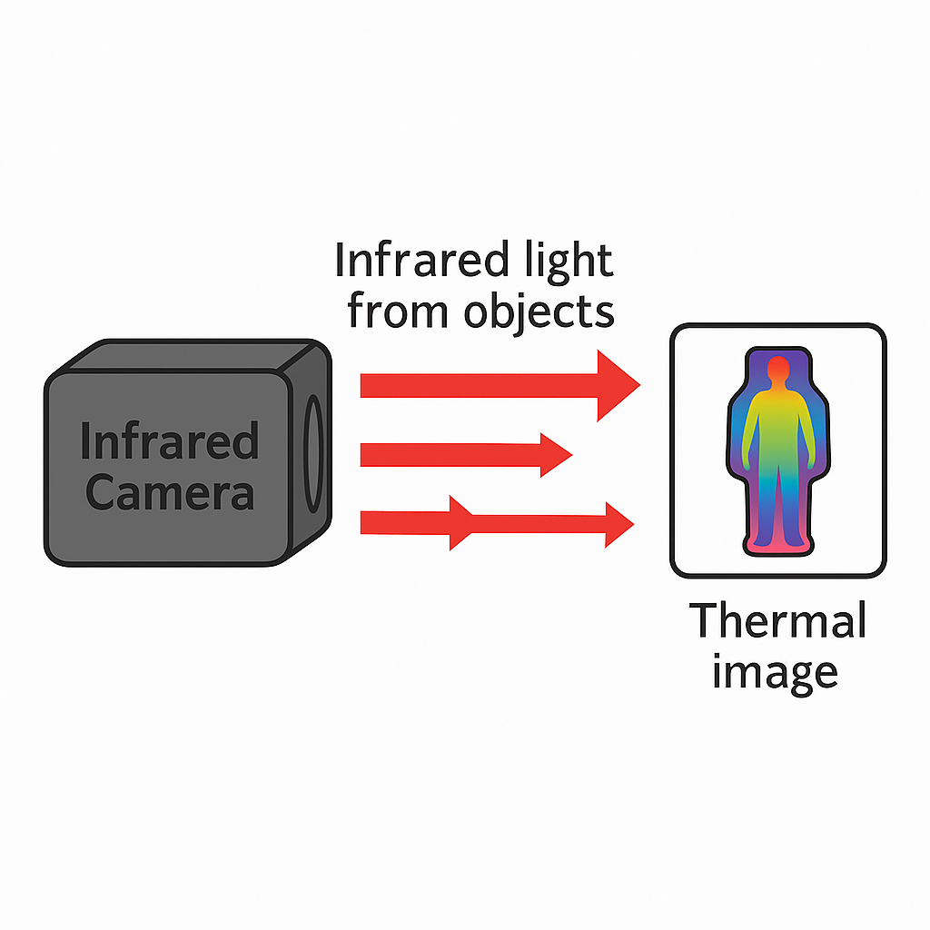 Diagram showing an infrared camera capturing infrared light from objects and producing a thermal image of a person.