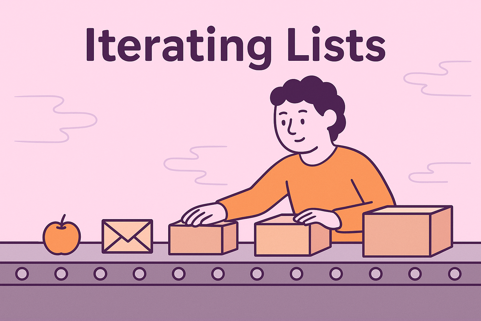 A person in an orange shirt works along a conveyor belt with boxes, apple, and envelope under text “Iterating Lists” on pale magenta.
