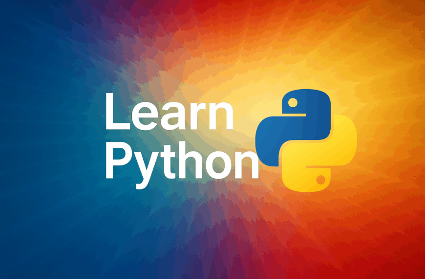A vibrant landscape graphic with a radiant gradient background shifting from blue on the left to yellow, orange, and red on the right. In the centre, the white text “Learn Python” appears alongside the official Python logo, which features two interlocking shapes in blue and yellow. Light rays radiate outward, giving the design a dynamic and eye-catching effect.