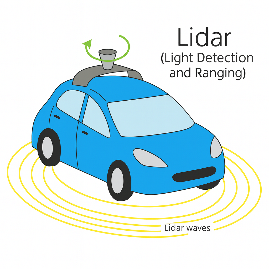 Diagram of a blue self-driving car with a roof-mounted lidar system scanning the surroundings on a white background.