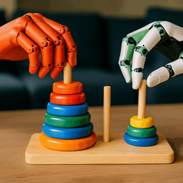 Two differently coloured robotic hands, one orange-red and one white-and-green, move brightly painted disks on a wooden Tower of Hanoi puzzle.
