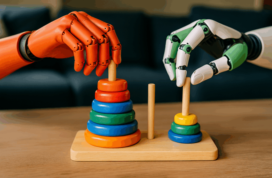 Two differently coloured robotic hands, one orange-red and one white-and-green, move brightly painted disks on a wooden Tower of Hanoi puzzle.