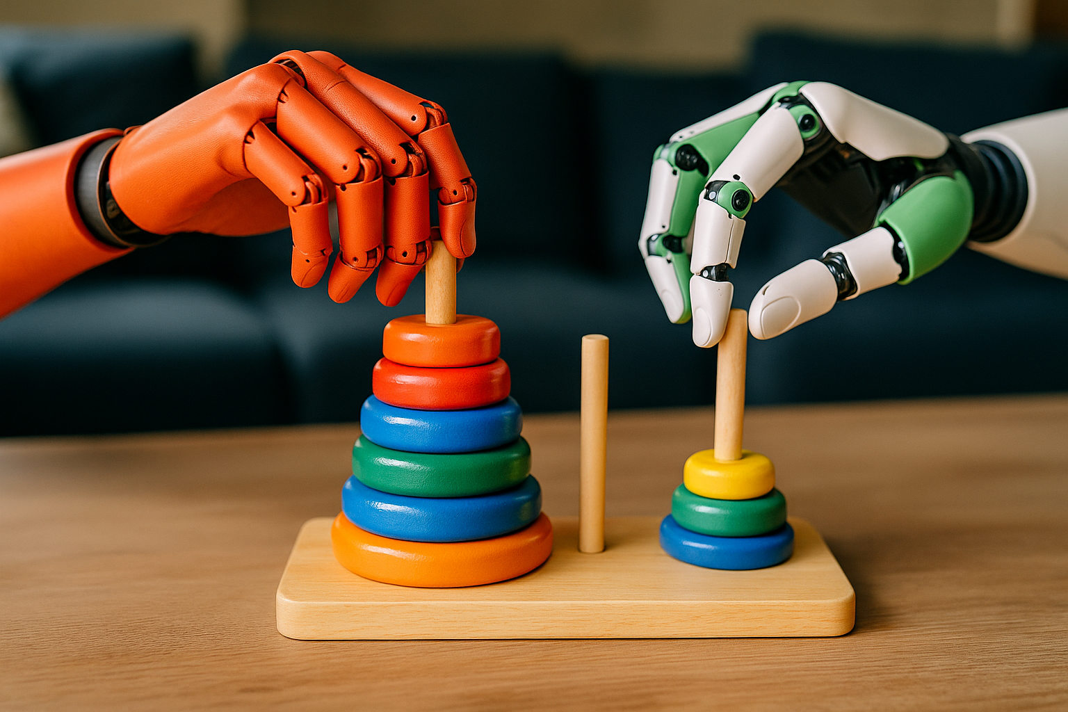 Two differently coloured robotic hands, one orange-red and one white-and-green, move brightly painted disks on a wooden Tower of Hanoi puzzle.